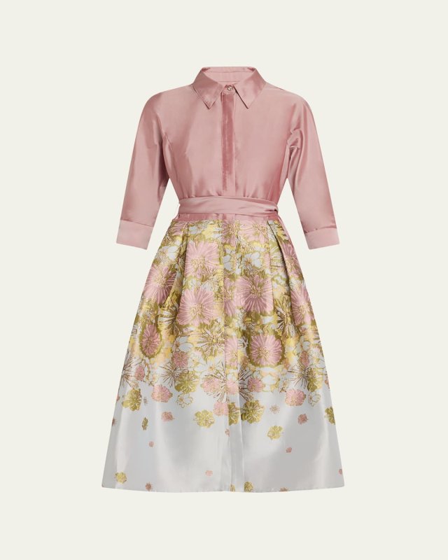 Pleated Floral Jacquard Midi Shirtdress